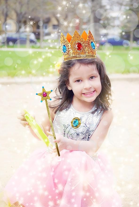 Princess Peach Costume Dress up Accessories for Girls Peach Gloves Tiara Crown Wand Brooch Earrings Halloween Cosplay Accessories Christmas Gifts Set (White Peach)