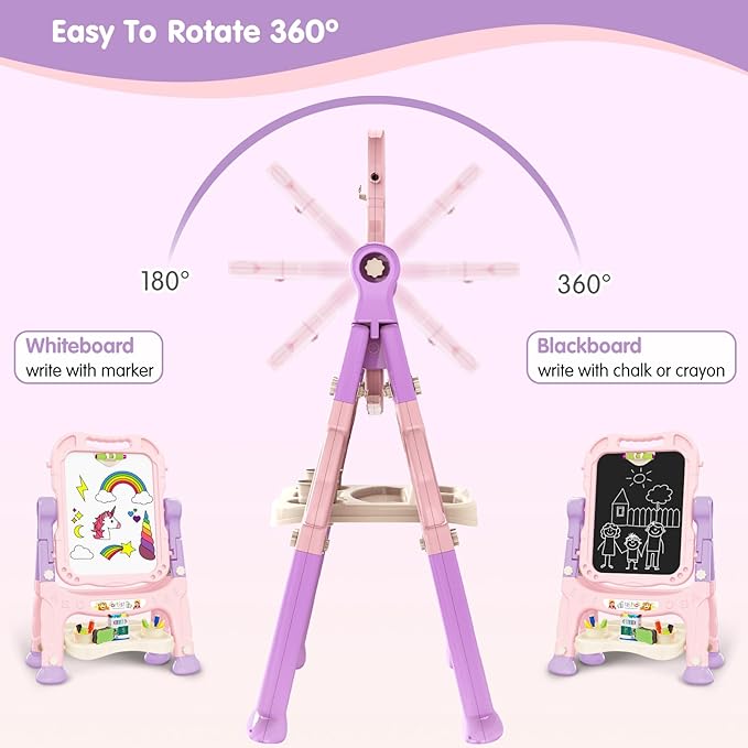 Kids Art Easel, Adjustable Drawing White Board & Chalk Board, Toddler Standing Easel with Painting Accessories, Gift for Girls Boy (Pink)