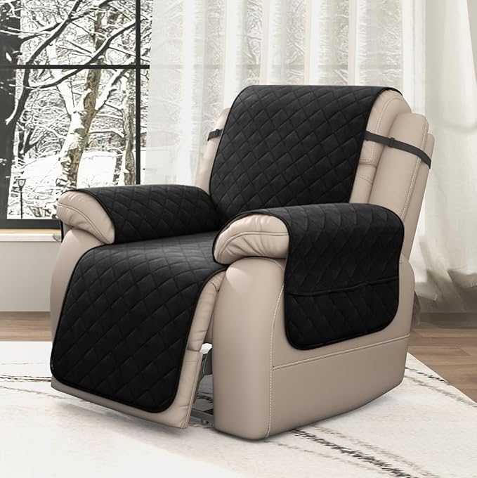CHUN YI Recliner Chair Cover, Non-Slip Recliner Covers That Stay in Place, Washable Lazy Boy Recliner Covers with Pockets, Water Resistant Recliner Slipcover for Pets (Black, Large Recliner)