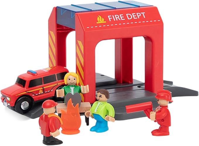 Fire Station Playset Toy for Wooden Train Track,Creative City Firestation Shed Railway Accessories Preschool Learning Educational Pretend Toys for Toddler Kids