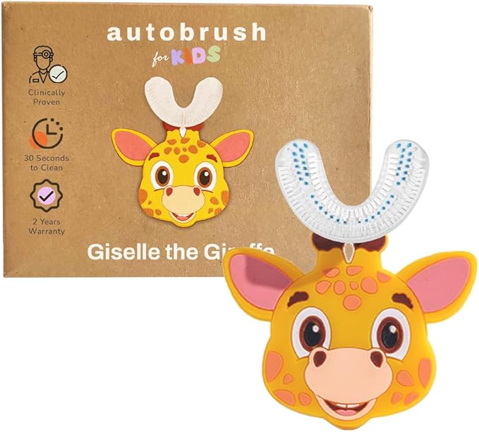 autobrush U Shaped Kids Manual Toothbrush- 360° Design for Upto 5.1X Better Cleaning with Unique Nylon Bristles, Comfort Grip Handle, Waterproof Design, Ages 9-12, Giraffe (Double-Sided)