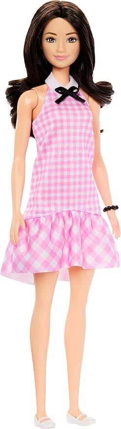 Barbie Fashionistas Doll #224 with Black Wavy Hair, Pink Gingham Dress & Accessories, 65th Anniversary Collectible Toy