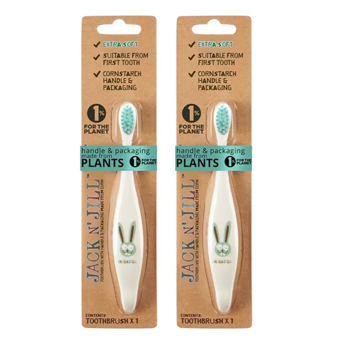 Jack N' Jill Kids Toothbrush - Extra Soft Bristle Toothbrush for Kids, Handle & Packaging Made from Plants (Corn), Ergonomic Handle for Little Hands - Bunny Baby, Toddler, & Kids Toothbrush (2 Pack)