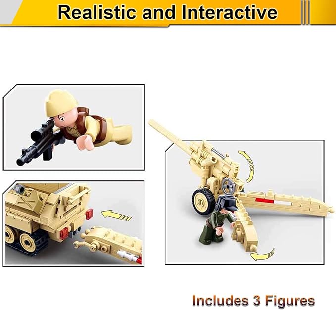 Military Army WWII Half-Track Troop Carrier with Cannon Toy Vehicle Building Kit, Army Series Building Block Set with 3 Soldier Figures, Best Roleplay STEM Construction Toy for Boys Girls (460 PCS)