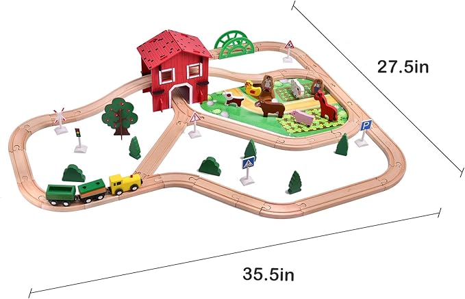 FUN LITTLE TOYS 77PCS Wooden Train Set Toy Train for Boys & Girls with Wood Train Track Fits Major Brand, Wooden Farm Play Set for Kids Wooden Toys