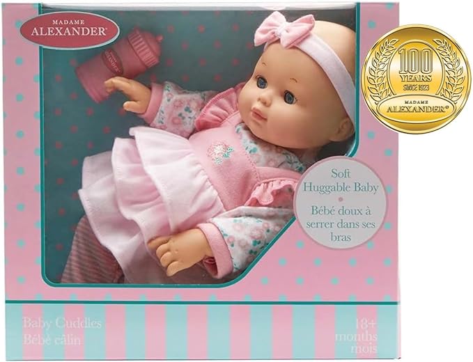 Madame Alexander 14-Inch Baby Cuddles Doll with Bottle, Pink Floral, Light Skin Tone