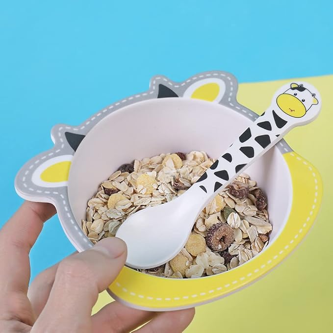 Bamboo Kids Dinnerware Set 5 Pcs Includes Plate Bowl Cup Fork Spoon Perfect for Kids BPA-Free (Cute Cow)