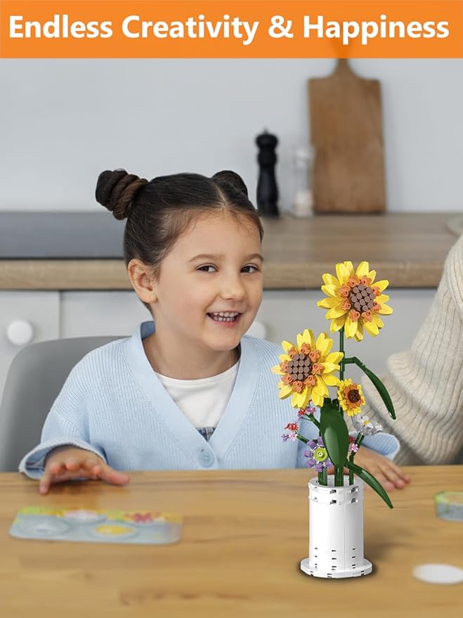 Sunflower Building Block Set, Flower Bouquet with Vase Building Toys, Party Gift Favor for Adults Teens Kids Girls Boys