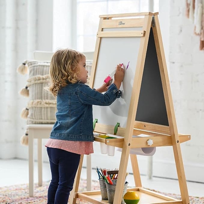 Little Partners Folding EZ Painting Easel for Kids, Dual-Sided Art Easel for Kids Art Station, Folds Flat with Chalkboard, Dry Erase Whiteboard, Paper, Eraser, Paint Cups, Shelf (Natural)