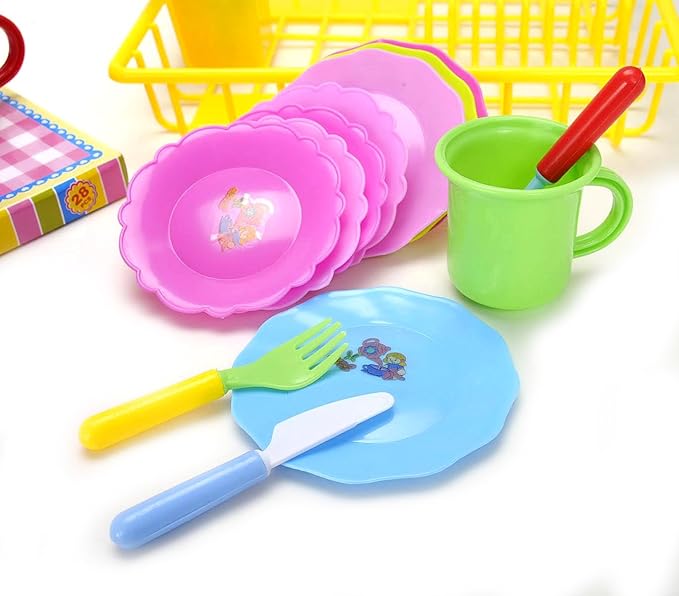 PowerTRC Kids Pretend Play Dishes Playset, Durable Kitchen Toys and Tea Set for Children, Wash and Dry Tea Playset with Dish Rack and Accessories (27 Pieces)