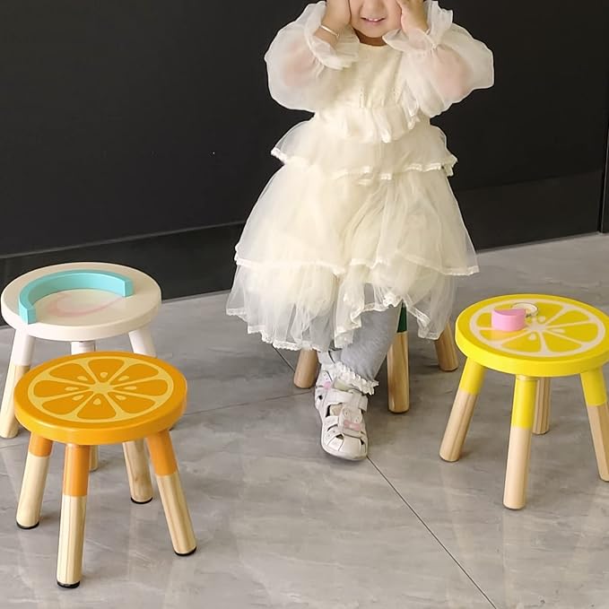 RUYU 9 Inch Kids Solid Hard Wood Fruit Chair, Crafted Hand-Painted Wood with Assembled Four-Legged Sitting Stool, Bedroom, Playroom, Orange Furniture Stool for Toddler, Children, Boys, Girls(Orange)