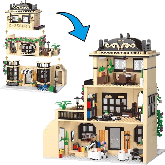 City Cafe Building Block Set, Coffee Shop City Street House Construction Toy for Adult & Teens 14+,1413pcs Mini Bricks with LED (Not Compatible with Lego)
