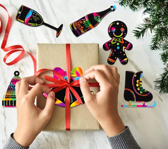 XJF Christmas Scratch Paper Ornaments, 22pcs Christmas Scratch Art Paper for Kids Toddlers Party and Xmas Tree Decoration Gift Tags Supplies