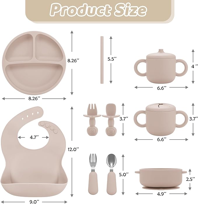 Silicone Baby Feeding Set, Baby Led Weaning Supplies, Eating Essentials Utensils with Suction Plate and Bowl, Pocket Bib, Sippy Cup with Lid, Forks Spoons Snack Container, for 6+ Months, Beige