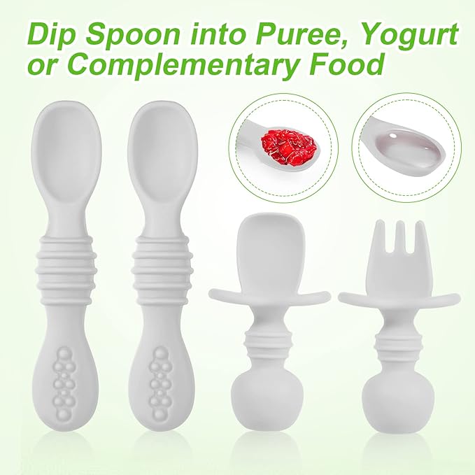 4pcs Silicone Baby Spoons Self Feeding 6+ Months, BPA Free Baby Led Weaning Spoons Training Spoon Toddler Self Feeding Utensils for 6-12 Months Babies (Grey)