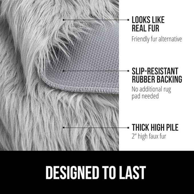 Gorilla Grip Fluffy Faux Fur Rug, 4x6, Machine Washable Soft Furry Area Rugs, Rubber Backing, Plush Floor Carpets for Baby Nursery, Bedroom, Living Room Shag Carpet, Luxury Home Decor, Light Gray