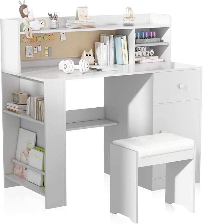 JMMD Kids Desk and Chair Set with Hutch, Wooden Student's Study Desk with Storage Cabinet and Drawer, Children Computer Writing Table for Girls Boys 8-12 Years, White