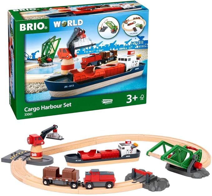 BRIO World - 33061 Cargo Harbor Set | 16-Piece Train Set with Accessories Wooden Tracks | Ideal Gift for Kids Aged 3+ | Certified Sustainable Materials