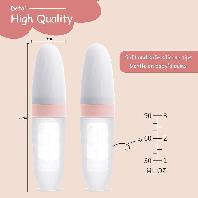 WAJIAYON Baby Food Feeder 4 Pack Silicone Baby Food Dispensing Spoon-3 oz Squeeze Feeding Spoons with Suction Cup for Boys Girl Kids Toddlers - Self Feeding Bottle Spoon-Sakura Pink
