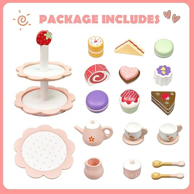 Wooden Tea Party Set for Little Girls, 25Pcs Wooden Tea Set with Play Food Dessert Cakes and Cake Stand for Toddler, Wooden Pretend Play Tea Set Toys for Toddlers 2 3 4 5 6 Years Old Birthday Gift