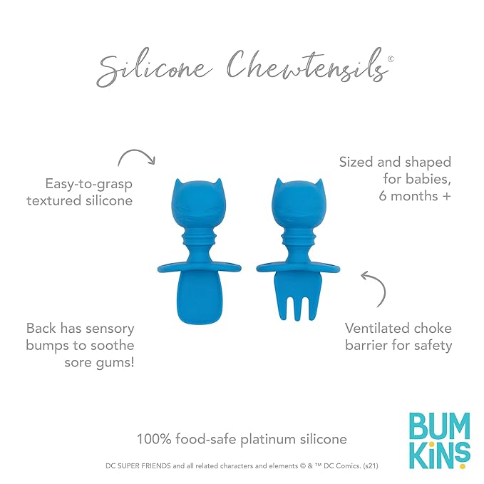 Bumkins Baby Utensils Set, Chewtensils Silicone Spoons for Dipping, Self-Feeding, Baby Led Weaning, Trainer Learning, First Stage Eating, Soft Practice Fork and Spoon, 6 Months, Batman Blue