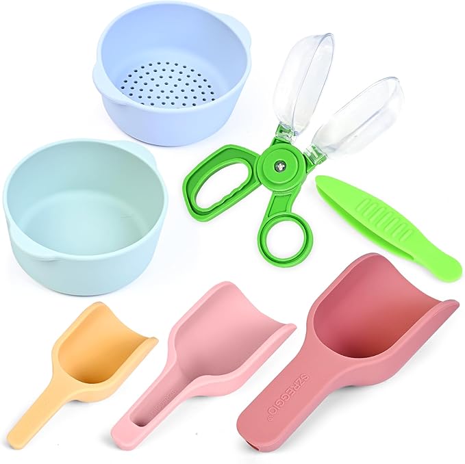 Madzee 7 Pieces Fine Motor Skill Toys for Children, 3 Silicone Scoops, 2 Nesting Bowls, 1 Tweezer, 1 Scooper - Sensory Bin Accessories