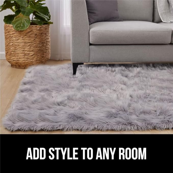 Gorilla Grip Fluffy Faux Fur Rug, Machine Washable Soft Furry Area Rugs, Rubber Backing, Plush Floor Carpets for Baby Nursery, Bedroom, Living Room Shag Carpet, Luxury Home Decor, 5x7, Light Gray