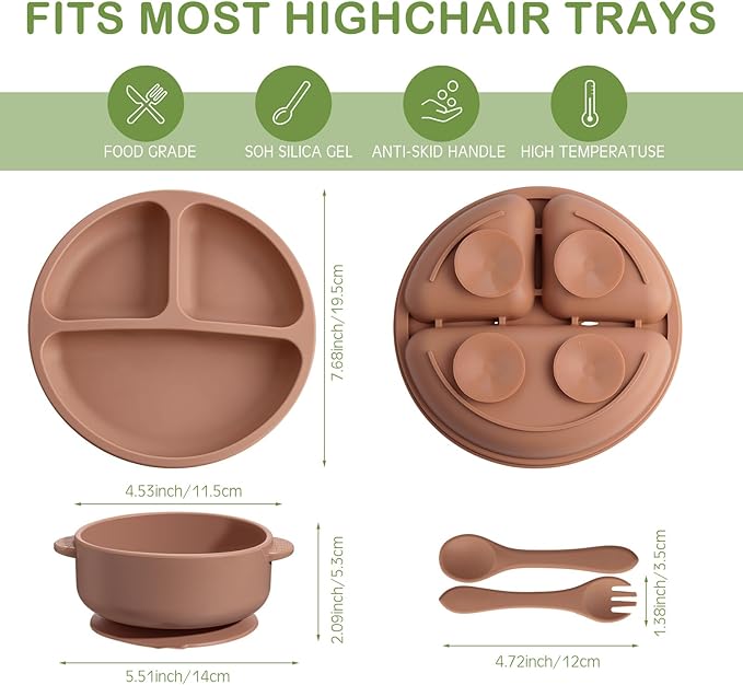 Dandat 24 Pcs Silicone Baby Feeding Set,6 Baby Toddler Suction Bowls 6 Divided Suction Plates with 6 Forks 6 Spoons, Utensils Set for Weaning Infant Feeding and Eating, 6 Styles(Light Color)