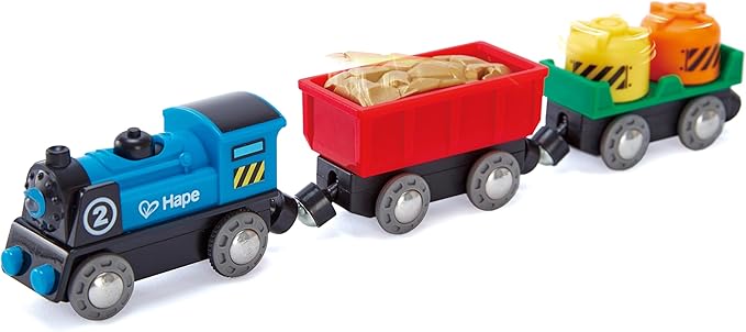 Hape Battery Powered Engine Set | Colorful Wooden Train Set, Battery Operated Locomotive with Working Lamp
