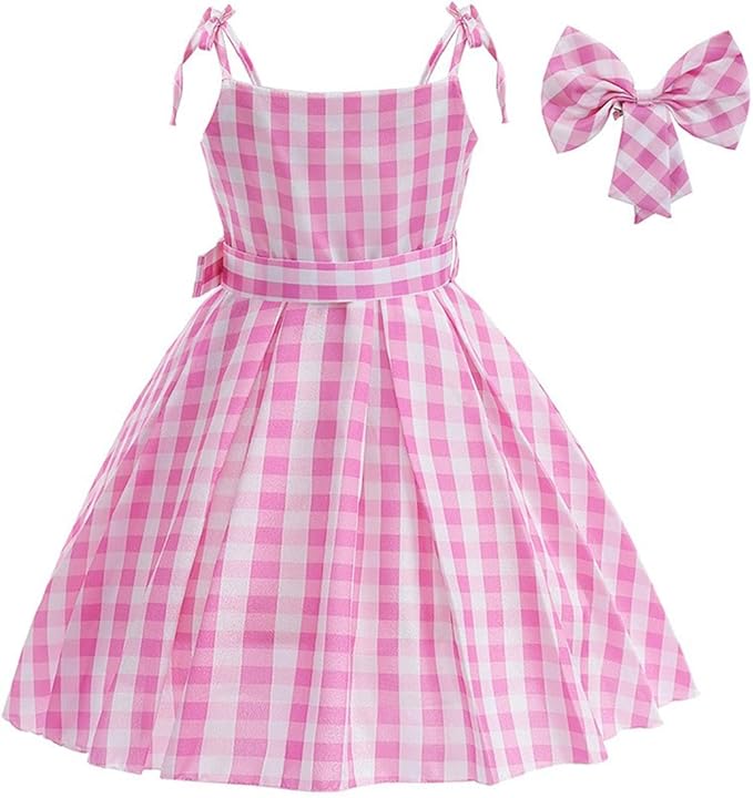 Robbie Clothes For Girls Pink Plaid Dress Movie Doll Costume Pink Robbie Outfit for Kids Halloween Carnival Dress Up