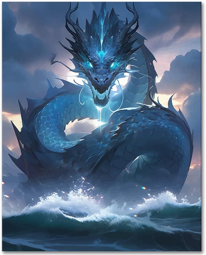 Rebotipy Water Dragon Paint by Numbers Kit for Adults, Fantasy Dragon with Glowing Eyes DIY Adult Paint by Numbers, Blue Fantasy Dragon Paint by Numbers Kit for Adults Beginner 16x20 Inch Frameless