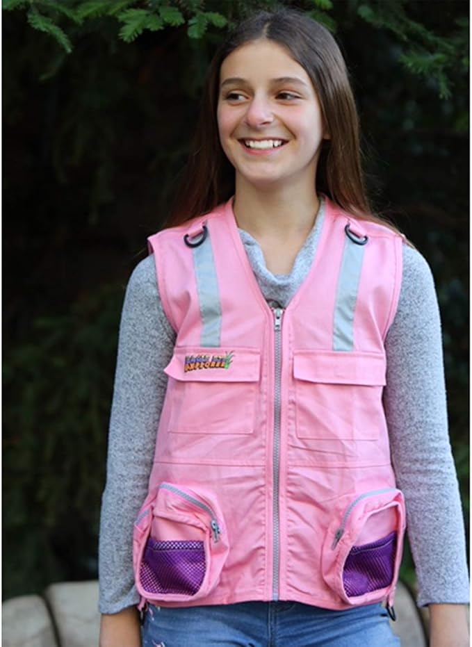 Multi-Piece Set Cargo Vest with Reflective Safety Straps, 1 8x21 Magnification Binoculars and Safari Hat for Boys and Girls (Medium/Large, Pink Vest, Pink Hat, Pink Binoculars)