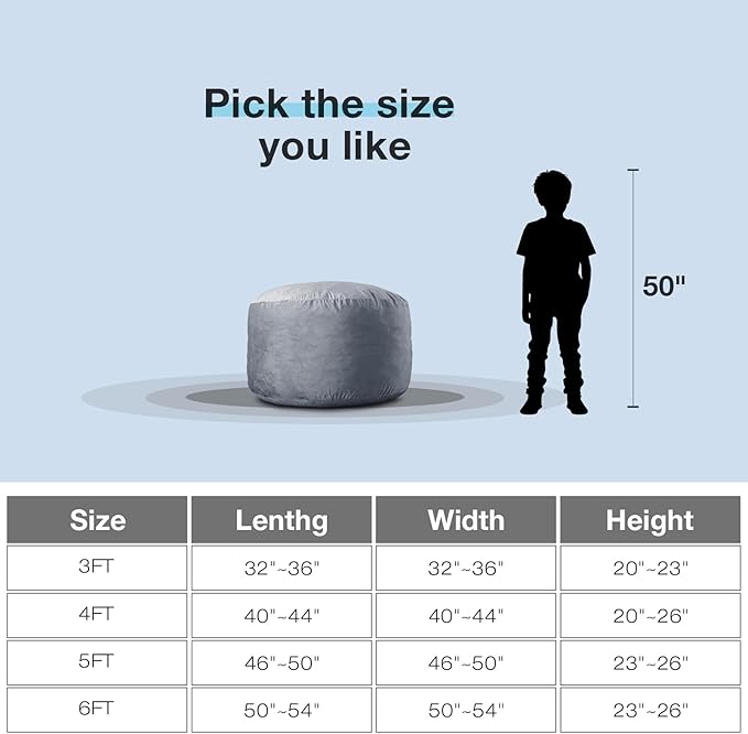 Large Bean Bag Chair: 3 ft Memory Foam Bean Bag Chairs for Adults/Kids,Bean Bag Chair with Fillings,Soft Faux Fur Fabric - Dutch Velvet, Grey, 3 Foot