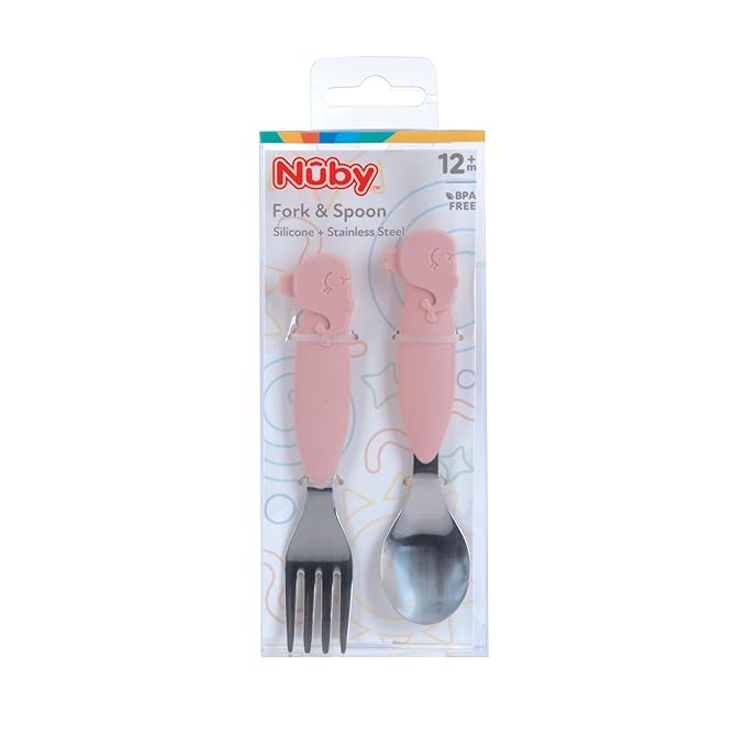 Nuby Animal Friends Silicone and Stainless Steel Fork and Spoon Set - 12+ Months - Pink Whale