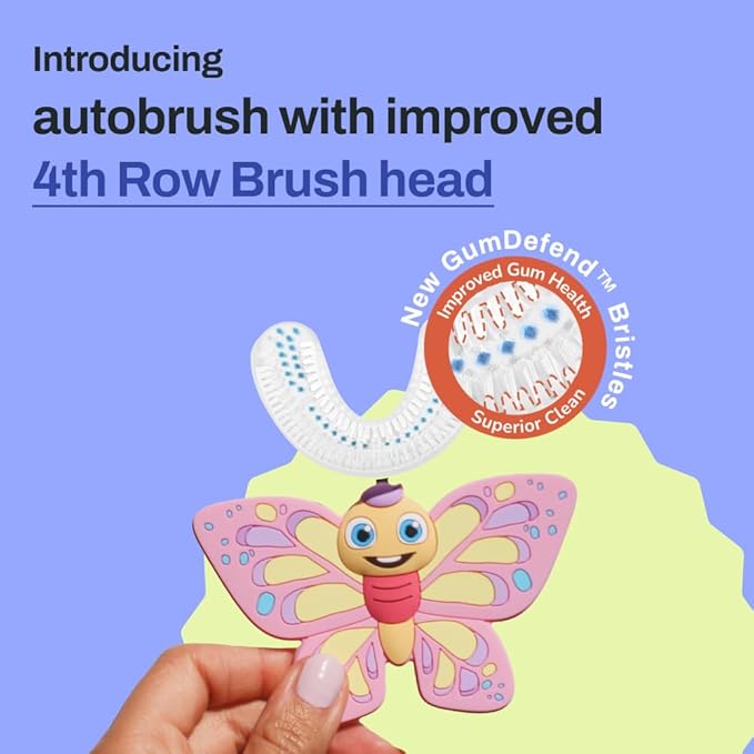 autobrush U Shaped Kids Manual Toothbrush- 360° Design for Upto 5.1X Better Cleaning with Unique Nylon Bristles, Comfort Grip Handle, Waterproof Design, Ages 3-5, Butterfly (Double-Sided)