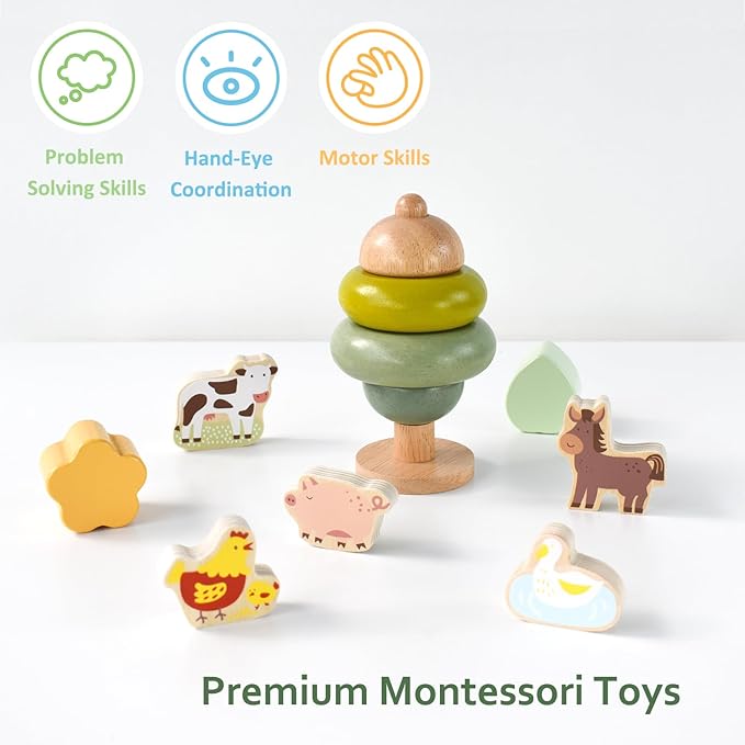 PairPear Educational Toys Set 3 in 1 - Wooden Toys Shape Sorter Cubes - Activity Stacking Toys - Animal Todder Puzzles - Classic Learning Toys Gift for Baby 1 Year Old and Up.