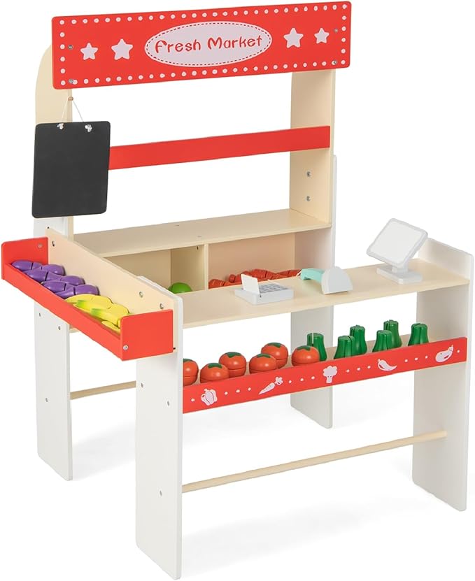 INFANS Grocery Store Marketplace Toy, Wooden Market Stand Pretend Play Set with Chalkboard Cash Register 36 Fruit Veggies Pieces POS Machine Shop Playset Gift for Boys Girls Ages 3+