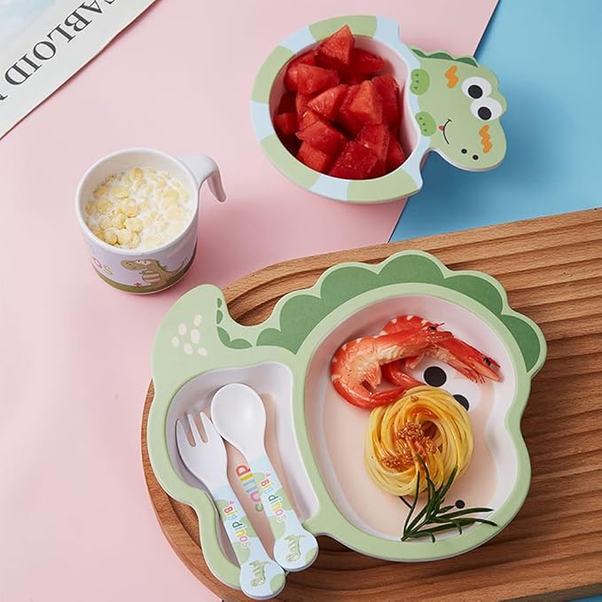 Bamboo Kids Dinnerware Set 5 Pcs Includes Plate Bowl Cup Fork Spoon Perfect for Kids BPA-Free (Little Dinosaur)