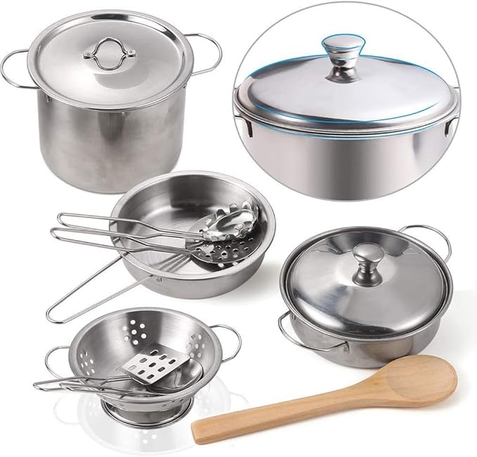 Play Kitchen Accessories, Kids Kitchen Pretend Play Toys, Kitchen Set with Stainless Steel Cooking Utensils Cookware Pots and Pans Set Healthy Vegetables, Knife, Apron, Little Chef Boys Girls