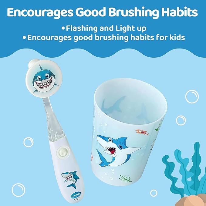 Lily's Home Kids Flashing Timer Toothbrush Kids with Soft Bristles, Rising Cup & Cover - Fun 2-Min Light-Up Brushing for Children - Toddler Toothbrush Soft Toothbrush Kit -(Shark)- Set of 2