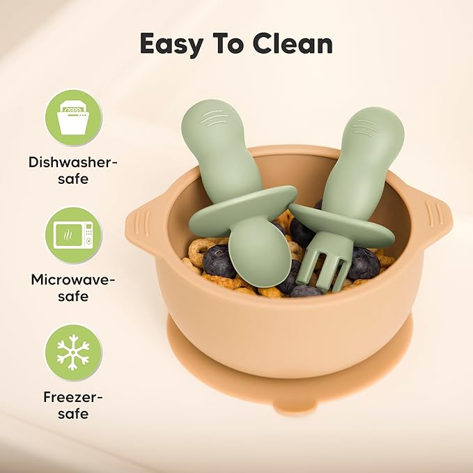 KeaBabies 4-Pack Silicone Baby Spoons and Forks Set - Baby Spoon Self Feeding, BLW Baby Utensils 6-12 Months, Baby Led Weaning Feeding Spoon, Teething Infant Baby First Food Training Pre Spoon (Sage)