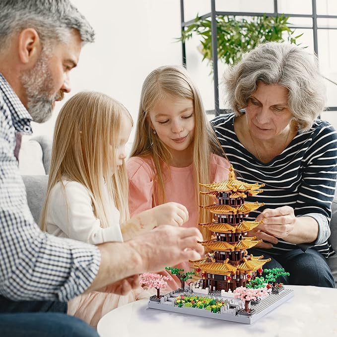 Chinese Architecture Ancient Famous Collectible Micro Building Blocks Set for Adults, 2200PCS Creative Model - Yellow Crane Tower with Cherry Blossom Tree Cherry Plants Toys and Presents