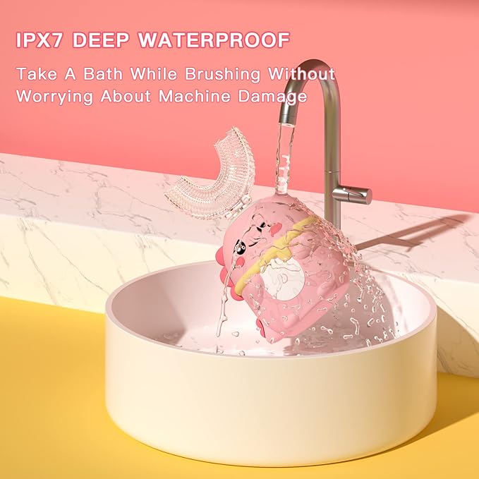 Kids Electric Toothbrush U Shaped Toddler Auto Sonic Toothbrushes with 5 Brush Head,Cartoon Dinosaur Ultrasonic Toothbrushes for Children 2-12 Years,360° Full Mouth Cleaning Automatic