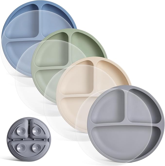VITEVER Toddler Plates with Lids, 4 Pack Baby Plates with Suction, 100% Food-Grade Silicone, Suction Plates for Baby, Divided Design, Microwave & Dishwasher Safe