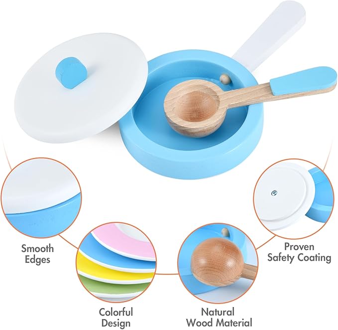 WHOHOLL Wooden Toy Kitchen & Play Dishes Set, Montessori Kitchen Toys for Girls and Boys, Pretend Play Kitchen Accessories Toddler Cooking Toys for Kids Ages 1-5 - Christmas Birthday Gift Sets