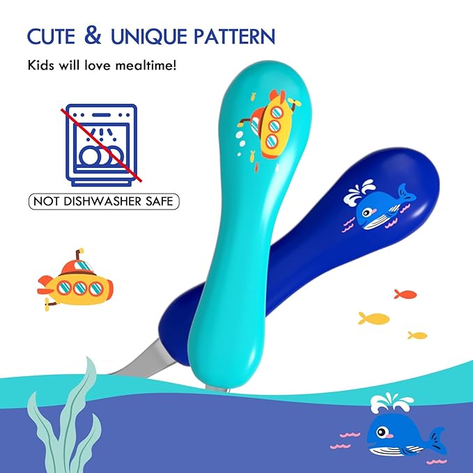 Lehoo Castle Toddler Fork and Spoon, 6pcs Toddler Utensils Kids Silverware, Safe Stainless Steel Toddler Fork Spoon Set, Children Flatware Set, Incudes 3 Spoons and 3 Forks (Submarine)