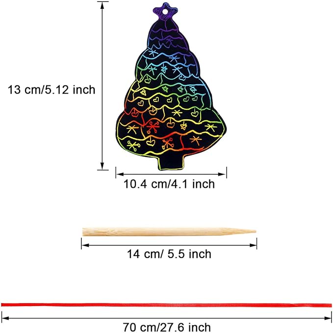 96Pcs Christmas Tree Scratch Paper Rainbow Color Scratch Ornaments Christmas Decorations Hanging Craft Art Kits with Wooden Stick and Ribbon for Kids Christmas Winter Party Favors
