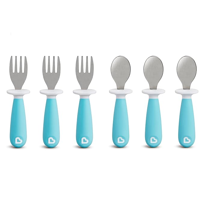 Munchkin® Raise™ Toddler Fork and Spoon Utensil Set, Rest Keeps Tip Off Table, BPA Free, 6 Pack, Blue
