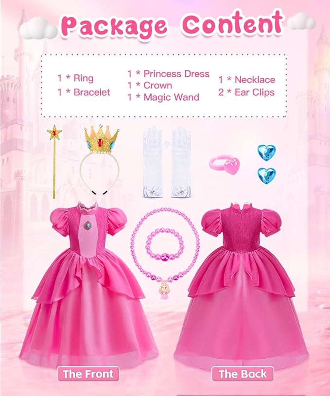 TOLOYE Princess Peach Costume for Girls,Princess Peach Dress with Accessories for Birthday Party Cosplay Halloween Christmas