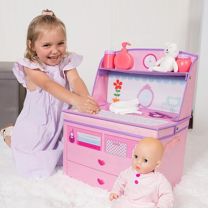 ADORA Realistic Perfectly Pink Baby Doll Set with Changing Table and 10-Piece Accessories, Includes Storage Box, Diapers, and Pacifier, Gift for Ages 3 and Up